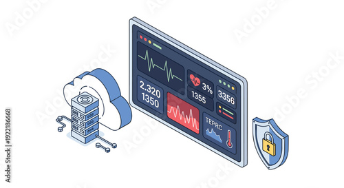 An isometric illustration displays a cloud server alongside a tablet showing medical data and a protective security shield, Generative AI.