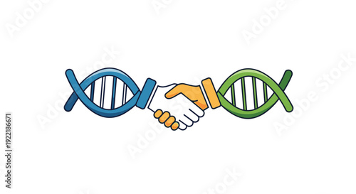 Two colorful intertwined DNA strands with a handshake in the middle symbolizing collaboration in genetic research and health, Generative AI.
