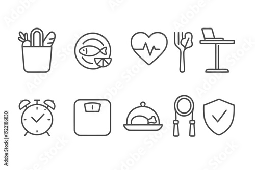 Healthy lifestyle icons including shopping bag healthy food heart rate alarm clock and scale