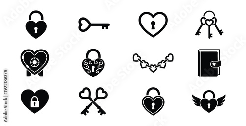 Heart shaped locks and keys icons collection for valentine day celebration and romance theme