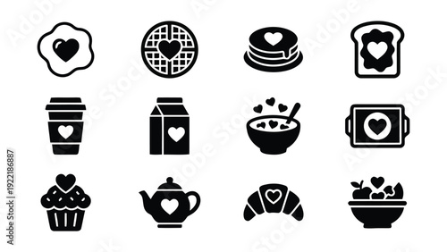 Heart themed breakfast and brunch food icons