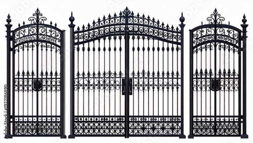 Vintage Wrought Iron Gate Silhouette Set with Ornamental Floral Scrollwork for Luxury Garden Entrance Design