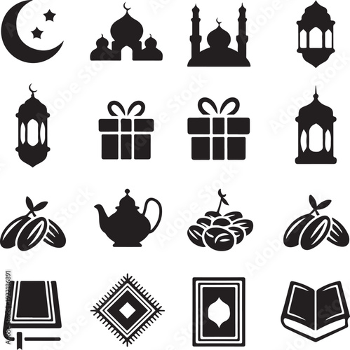 Islamic symbols icons with mosque, lantern, gift, book, dates, teapot and prayer rug for festive occasions