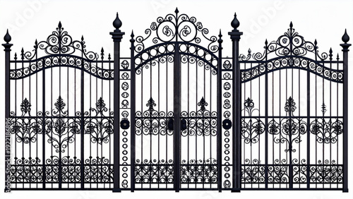Vintage Wrought Iron Gate Silhouette Set with Ornamental Floral Scrollwork for Luxury Garden Entrance Design