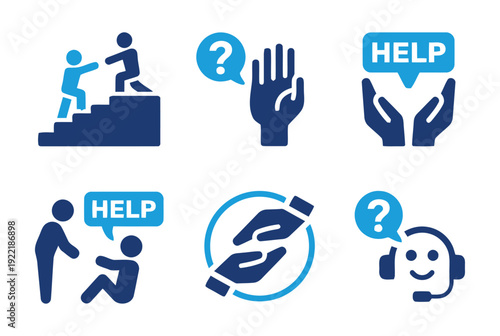 Help and support icons showing assistance, guidance, and teamwork with question marks