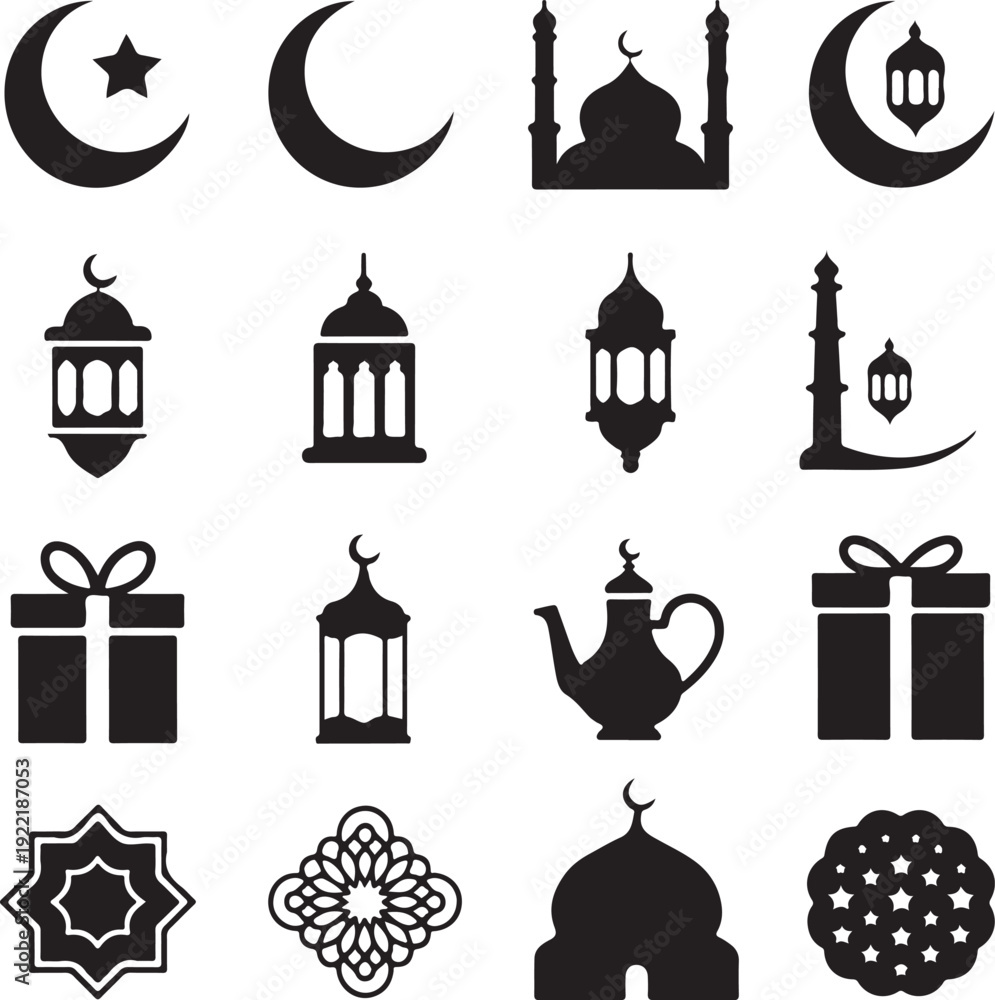 Obraz premium Islamic cultural icons and symbols for Ramadan and Eid celebration featuring mosque moon lantern gift teapot and decorations.