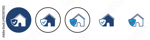 Home security icons with shield and checkmark in various styles and sizes