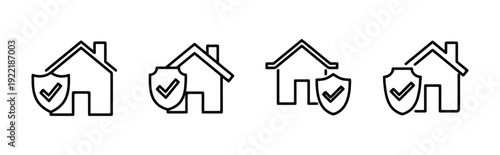 Home security icons collection variations line art house and shield with checkmark isolated on white vector