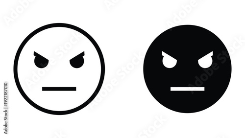 Neutral Face Icon with Stern Expression, Black and White Vector