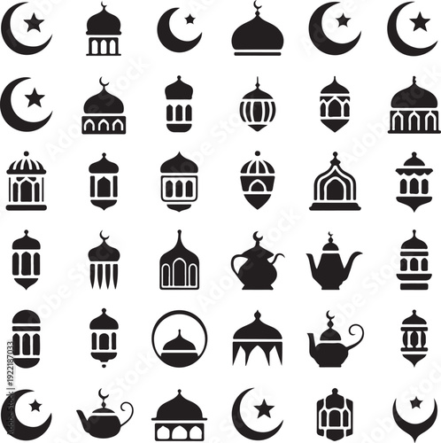 Large collection of Islamic cultural icons and symbols for Ramadan and Eid celebration including mosques moons lanterns teapots.