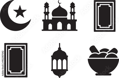 Set of Islamic cultural icons for Ramadan and Eid celebration including mosque moon lantern prayer rug and food bowl.