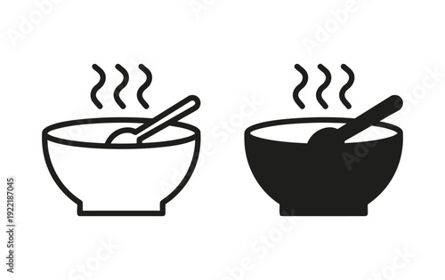 Hot soup in a bowl with spoon, one outlined, one silhouette, showing warm food and steam