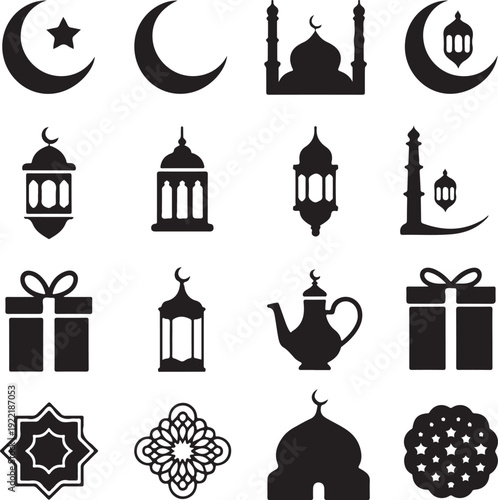 Islamic cultural icons and symbols for Ramadan and Eid celebration featuring mosque moon lantern gift teapot and decorations.