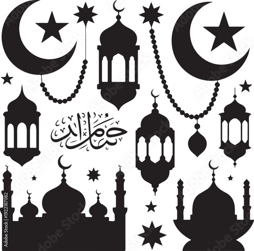Islamic cultural elements for Ramadan and Eid including mosques moons stars lanterns prayer beads and calligraphy.