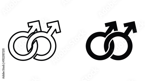 Gay Male Symbol Icon Set: Interlocking Mars Symbols in Outline and Solid