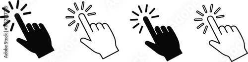 Black and white cursor click hand vector illustration featuring various finger pointing gestures and touch screen interactions for digital interface design.