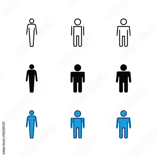Human figure icons, man, in outline, filled, and colored styles for user representation