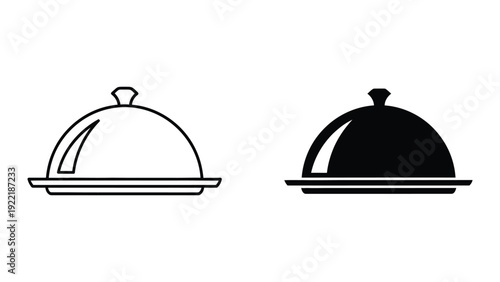 Restaurant Food Serving Cloche Icon Set: Outline and Solid Black Styles