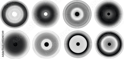 Abstract black and white circular halftone patterns featuring radial spiral lines concentric vortex shapes and hypnotic geometric designs for modern backgrounds.