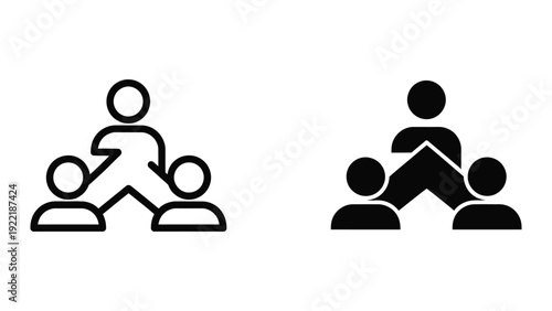 Teamwork Icon Set: Three Figures in Outline and Solid Black, Collaboration Concept