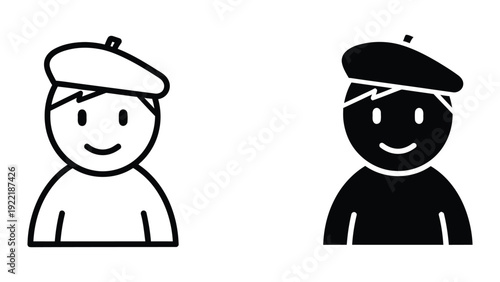 Artist Icon with Beret, Outline and Silhouette