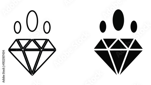 Diamond Jewel Icon Set with Sparkle: Outline and Solid Black Gemstone Graphics