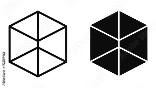 Geometric Hexagon Cube Icon Set: Outline and Solid Black Abstract Shapes