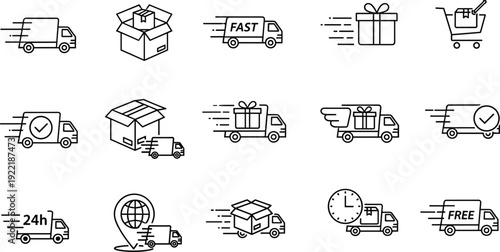 Linear vector icon set for shipping and delivery featuring fast trucks cardboard boxes gift parcels shopping carts and global tracking.