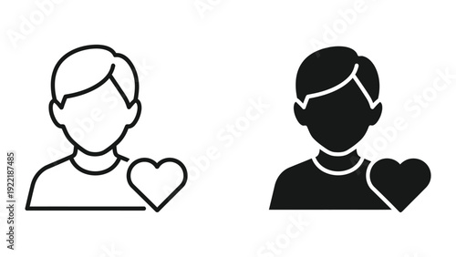 User with Heart Icon: Outline and Solid Black for Favorites and Love