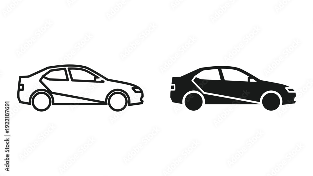 Fototapeta premium Sedan Car Side View Icon Set in Line Art and Silhouette