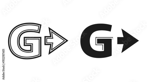 Arrow combined with G letter icon in outline and solid for branding or direction