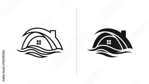Beach House and Wave Logo Icon Set in Outline and Silhouette