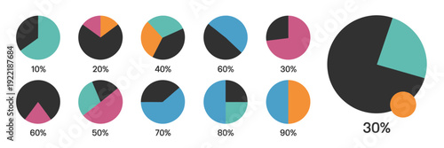 Pie chart color icons, showcasing percentage diagrams from 10 to 100 percent for infographics, dashboards, web interfaces, and business analytics presentations.