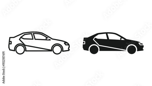 Sedan Car Side View Icon Set in Line Art and Silhouette