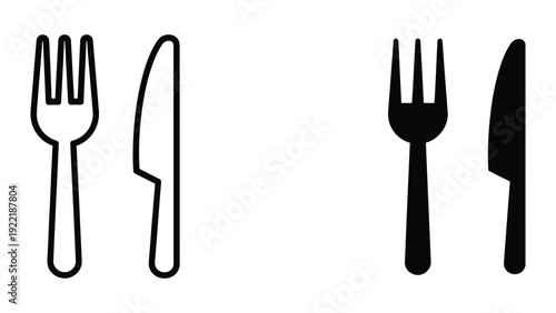 Fork and Knife Icons: Simple Outline and Solid Black Vector Graphics for Dining and Food