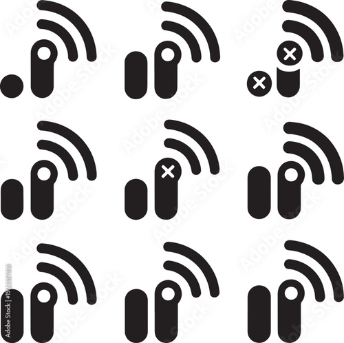 Set of black Wi-Fi signal and wireless network connection vector icons