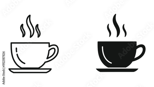 Hot Coffee Cup Icons: Steaming Mug in Outline and Solid Black