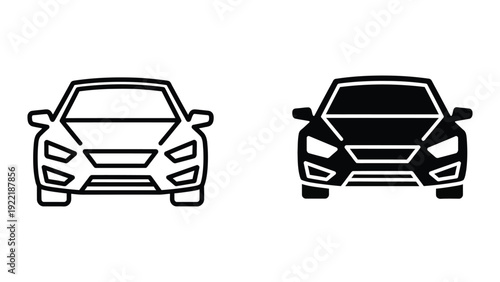 Modern Sedan Car Front View Icon Set in Line and Solid