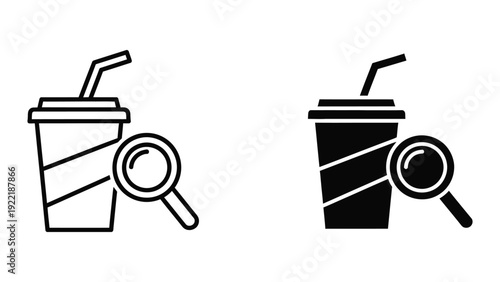 Drink Search Icon Set: Coffee Cup with Magnifying Glass (Outline & Solid)