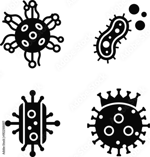 Set of four black and white virus and bacteria icons vector illustration