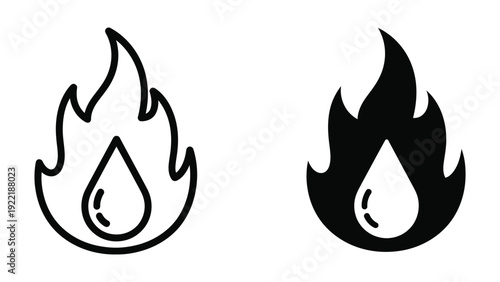 Flame with Water Drop Icon Outline and Solid for Heating and Cooling Systems