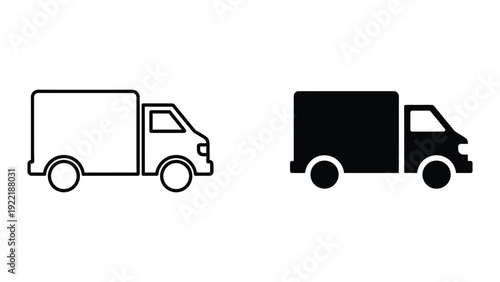 Delivery Truck Icon Set: Outline and Solid Black.