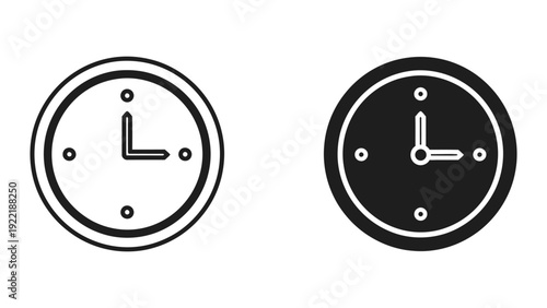 Minimalist Clock Icon Set - Black Outline and Solid Glyph Time Symbol