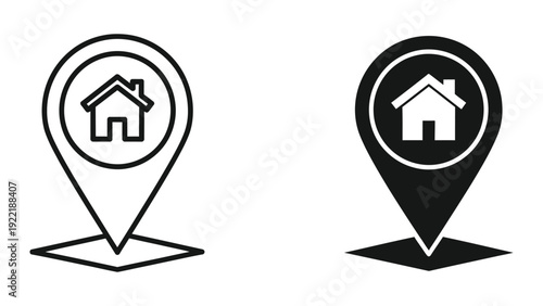 Home location pin icon in outline and solid black, for real estate and address.