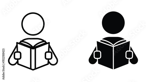 Person Reading an Open Book Icon Vector Illustration Outline and Solid Styles
