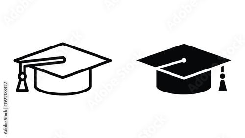 Graduation Cap Icon: Classic Outline and Solid Black Designs
