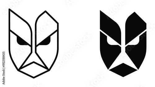 Abstract geometric mask or face icon in outline and solid black, modern and edgy.