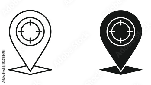 Quadro su tela Crosshair target icon on a location pin in outline and solid black, representing focus