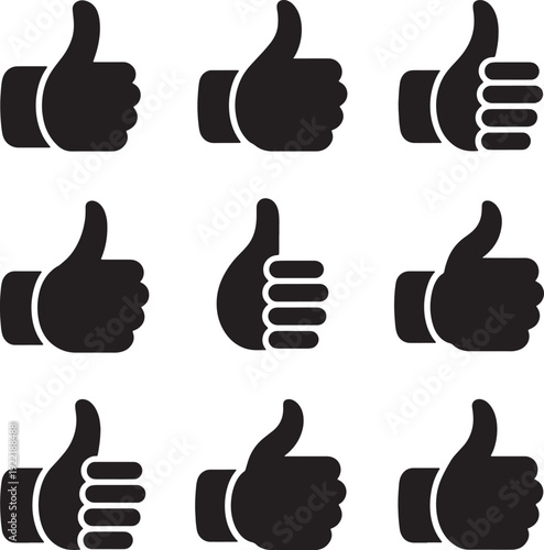 Set of black thumbs up and like vector icons for feedback and approval