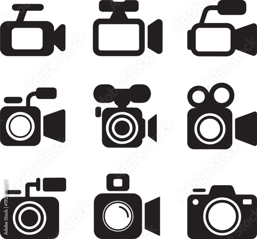 Set of black video camera and photography equipment vector icons isolated
